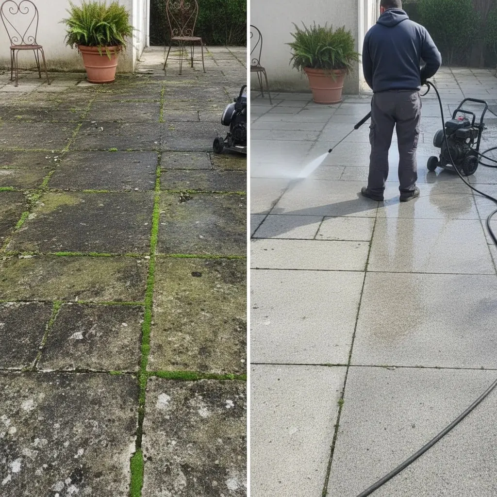 Nettoyage de terrasse avant/après, démoussage haute pression - Ancra Façade