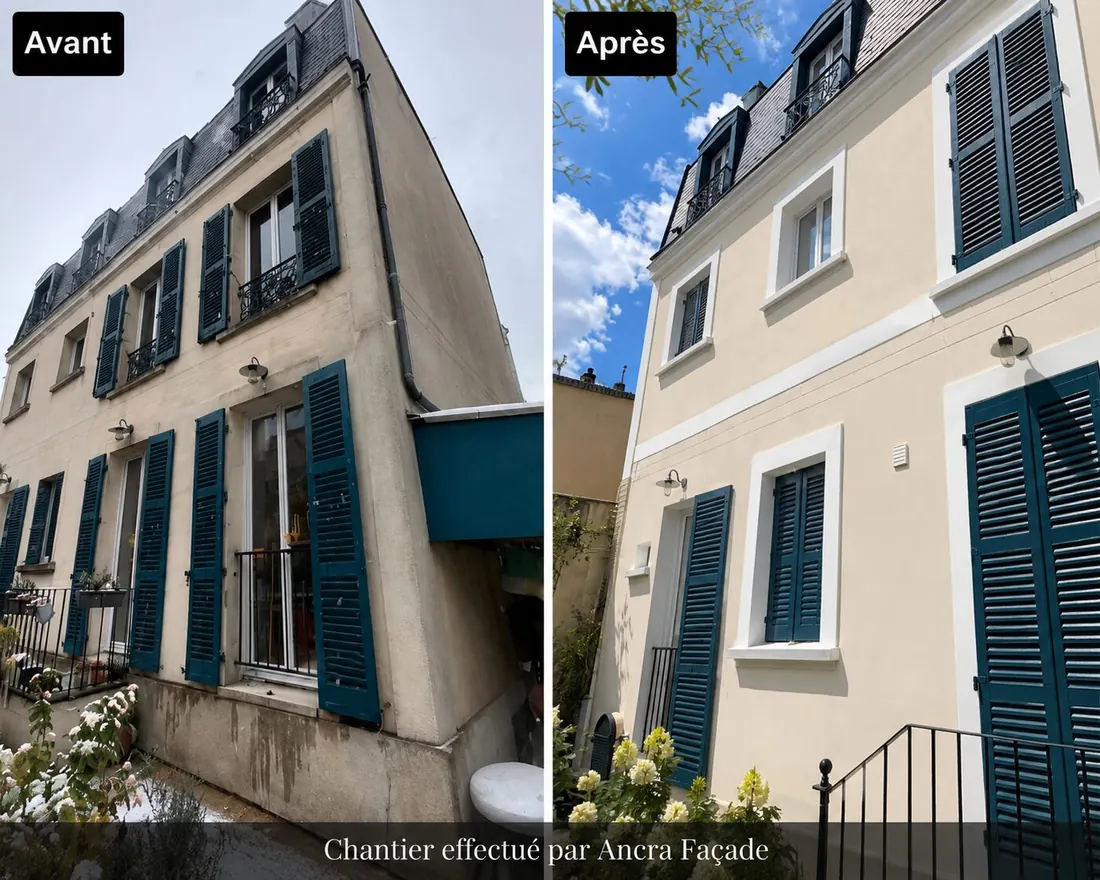 Peinture de façade avant/après, volets bleu canard - Ancra Façade