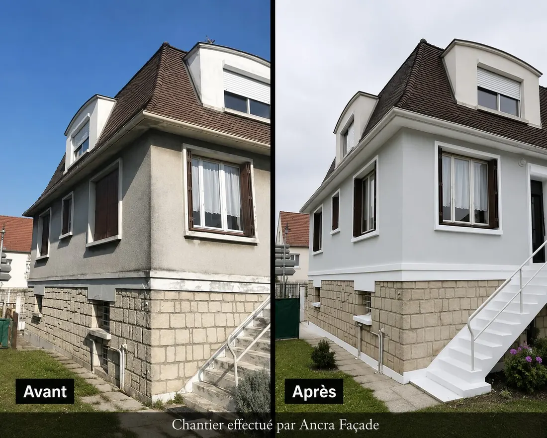 Ravalement de façade avant/après, soubassement pierre