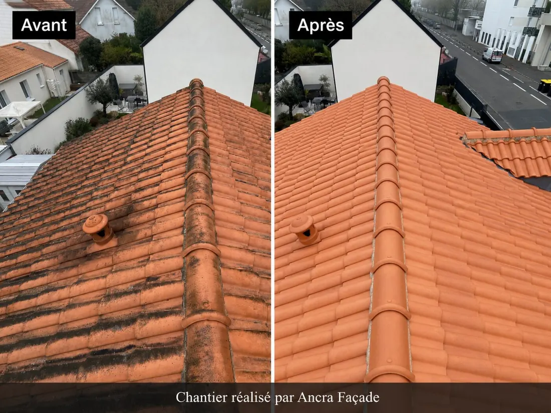 Traitement de toiture avant/après, nettoyage tuiles vue aérienne - Ancra Façade